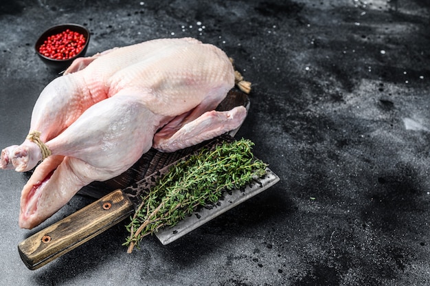 Raw whole goose, poultry meat. Black background. Top view. Space for text.