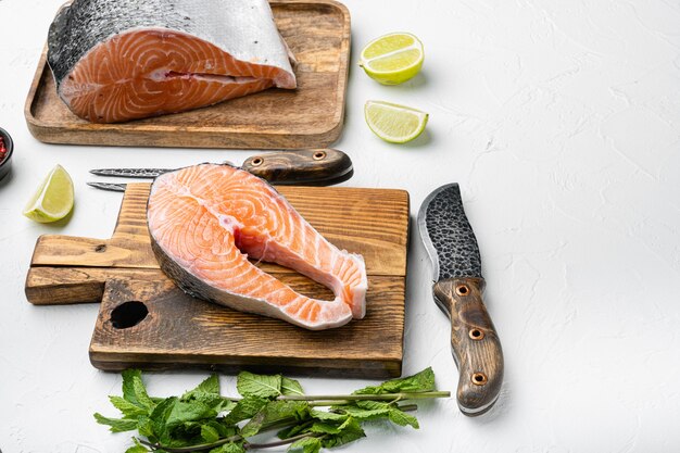 Insieme crudo intero del taglio del salmone, sul fondo della tavola di pietra bianca, con lo spazio della copia per testo