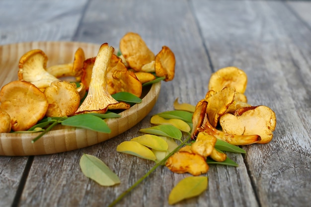Raw wild chanterelle mushrooms on old rustic table background. Organic fresh chanterelles background.