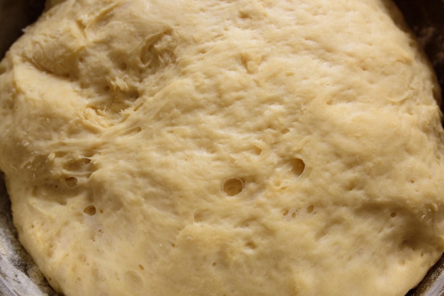 Raw yeast dough resting and rising in large metal bowl on dark wooden background