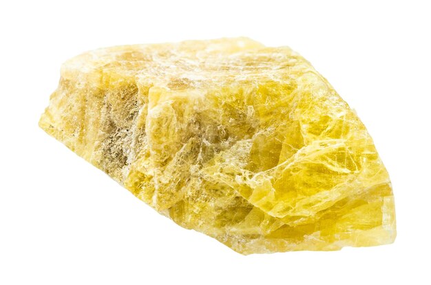 Foto minerale di turmalina gialla grezza isolato su bianco