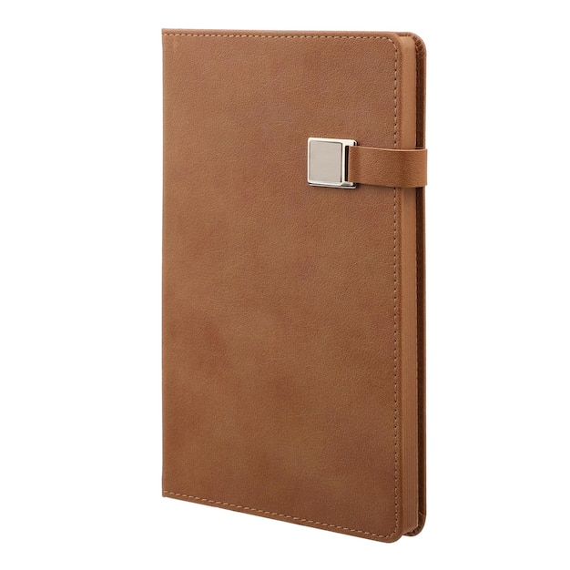 Rawhide Leather Organizer Daily Notebook met magneet geïsoleerd op witte achtergrond Stijlvolle dagelijkse planner uitknippad Geïsoleerde achtergrond