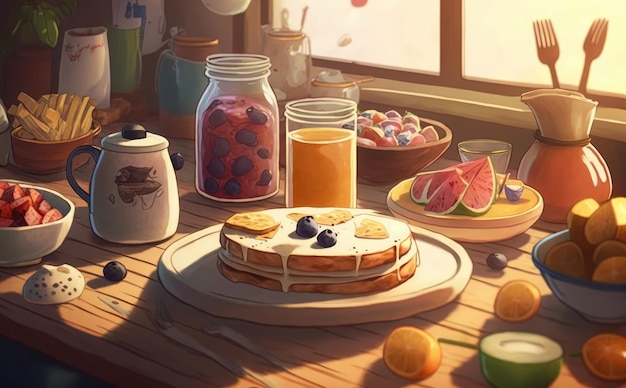 Photo rawn fresh healthy breakfast watercolor breakfast food illustrations ai generated