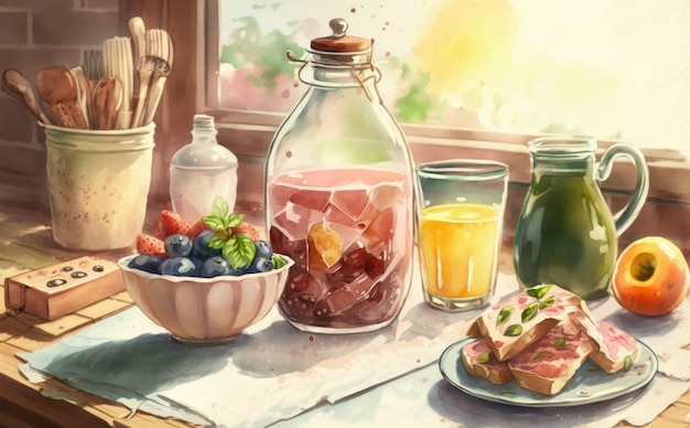 生の新鮮な健康的な朝食水彩画の朝食用食品イラストai生成