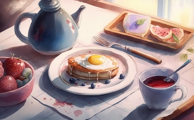 Photo rawn fresh healthy breakfast watercolor breakfast food illustrations ai generated