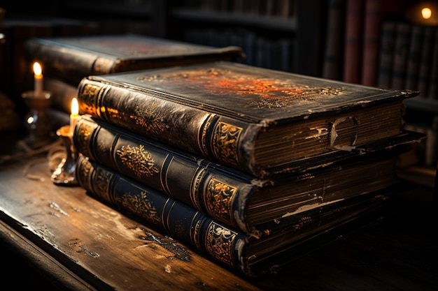 Ray of light illuminates old books on a wooden shelf