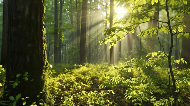 Rays of light in a deep forest Trees greenery sun flowering nature thicket taiga clearing firewood edge pine needles field grove animals air berries Generated by AI