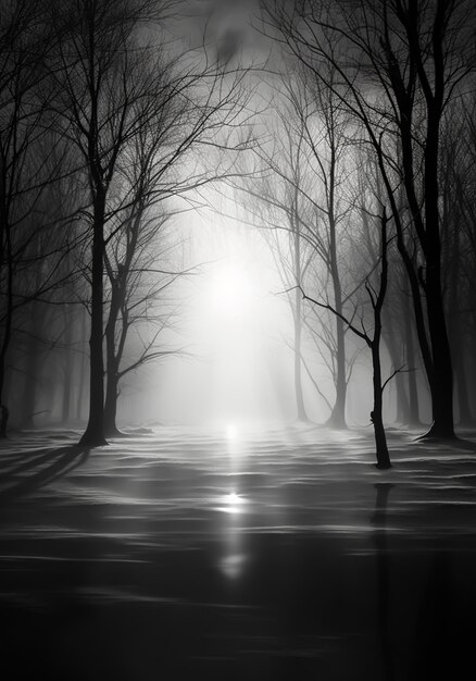 Photo rays of light on trees and snowy landscape isolated in the darkness in a surrealistic environment