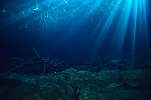 Raggi di luce sott'acqua, astratto sfondo marino natura paesaggio raggi sfocati