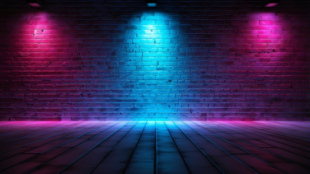 Rays neon light on neon brick wall empty scene