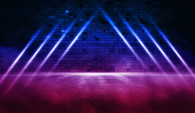 Rays neon light on neon brick wall with wet asphalt