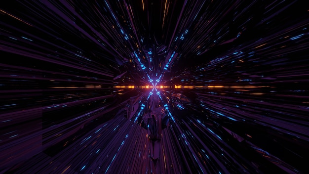 Rays of neon lights crisscrossing in dark moving tunnel of art 3d illustration