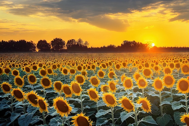 Rays of setting sun gently warm flowering sunflowers