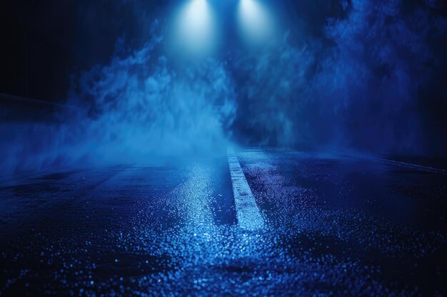 Rays spotlights light Empty dark scene with blue light Asphalt blue dark street with smoke