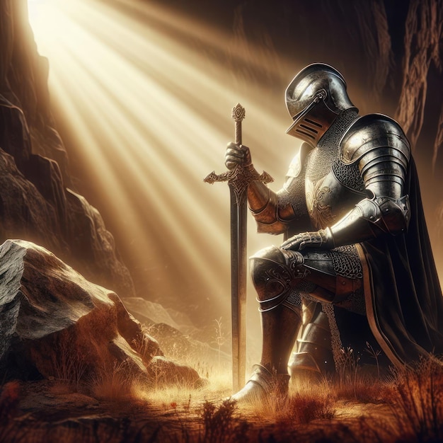 Rays of sunlight falling on a kneeling knight