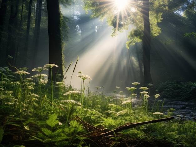 Rays of sunlight illuminating a foggy forest