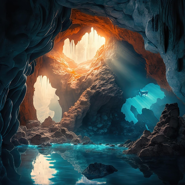 Rays of sunlight through the holes in the cave illuminate the blue water Transparent pools in the cave flow in cascades Stone gray walls the inner side of the rock 3d artwork