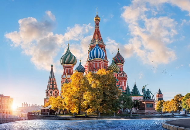 In the rays of warm autumn the St. Basil's Cathedral on Red Square in Moscow on an early sunny morning