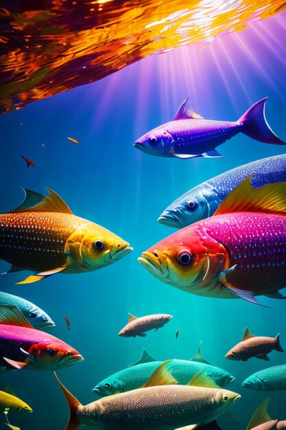 Photo raytraced render of a shoal of beautiful fish moving in a circle shimmering water