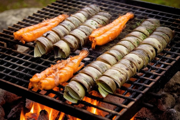Razor clam shells opened and grilling on bbq created with generative ai