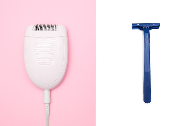 Photo razor or shaver vs epilator concept, electric vs manual removing unwanted hair on legs and body.