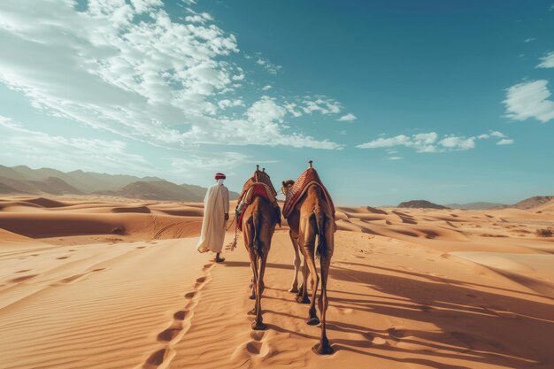Photo a razorsharp photo capturing a man dressed in customary garments leading two camels through