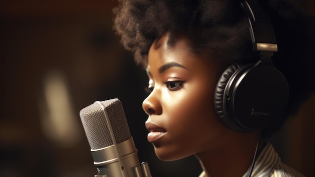 RB Singer Female AfricanAmerican Young Adult Recording vocals for upcoming album singing RB and soul music in Recording studio Generative AI AIG22