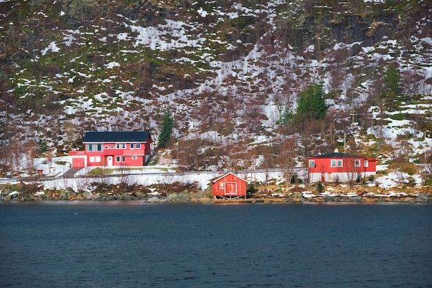 Rd rorbu houses in Norway in winter