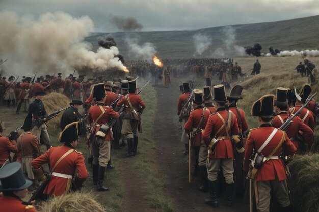 Re-enactors gekleed als Napoleontische oorlogs soldaten bij Borodino strijd historische re-enactment in Rusland