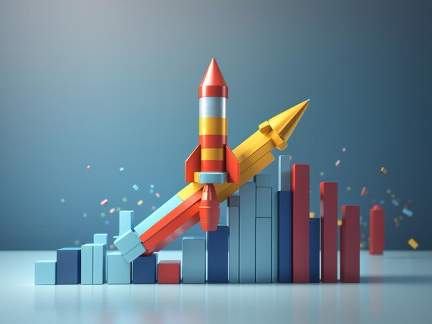 Photo reach for the stars toy rocket flying through a business bar chart