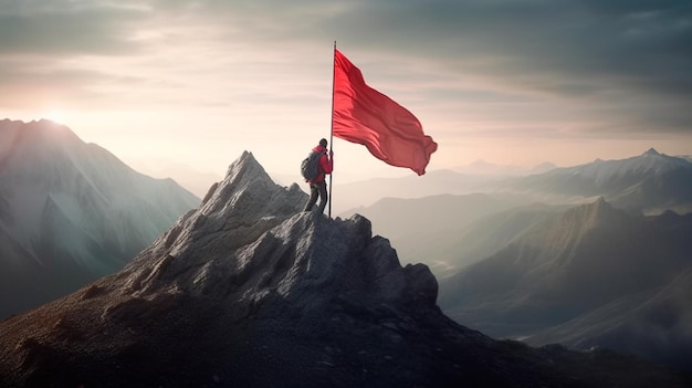 Foto raggiungere un concetto di obiettivo alpinista con bandiera rossa sulla montagna ia generativa