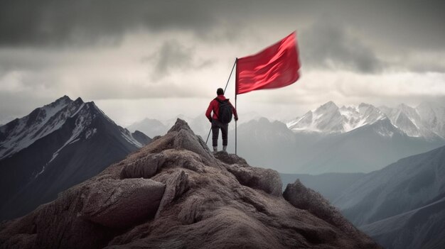 Foto raggiungere un concetto di obiettivo alpinista con bandiera rossa sulla montagna ia generativa