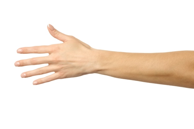 Photo reaching hand. woman hand with french manicure gesturing isolated on white background. part of series