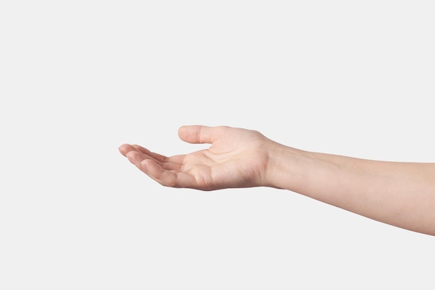 Photo reaching out female hand show gesture isolated white