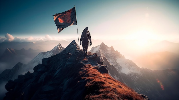 Photo reaching your goals concept mountain climber following path to flag on top of mountain generative ai