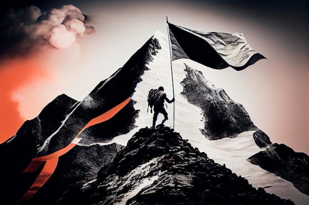 Photo reaching your goals concept mountain climber following path to flag on top of mountain gunerative ai