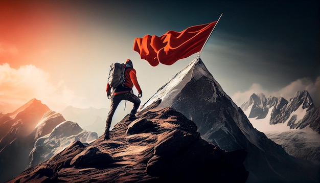 Reaching your goals concept mountain climber following path to flag on top of mountain Gunerative AI