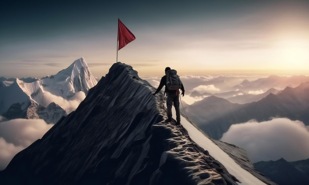 Reaching your goals concept mountain climber following path to flag on top of mountain