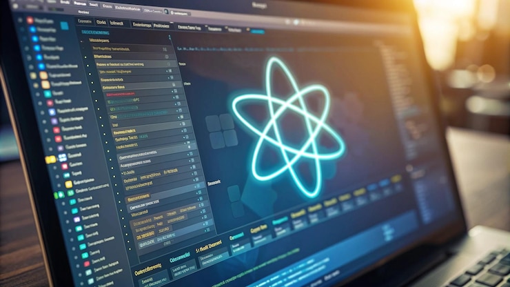 Photo react js programming language with laptop and code script on screen