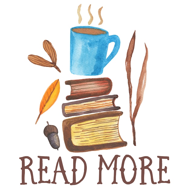 Read more. Cute watercolor illustration of coffee mugplaced  on two books. Autumn cozy vibes,