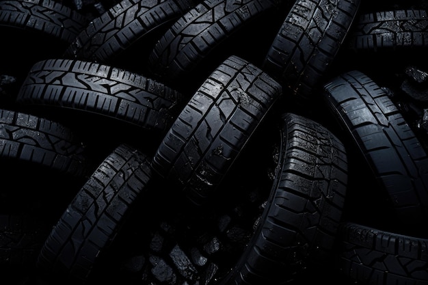 Read winter tire fragments against a dark backdrop