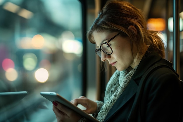 reader focused worker girl with tablet