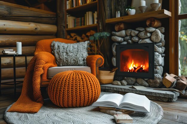 Foto leggere un libro in un'atmosfera accogliente in una casa rustica