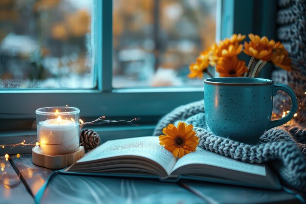 Photo reading book in a cozy atmosphere in a rustic house