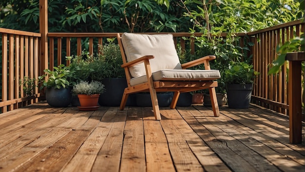 Photo reading a chair sitting on a wooden deck next to potted plants