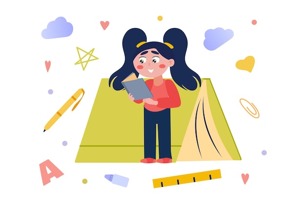 Photo reading concept with people scene in flat cartoon design the girl in the illustration