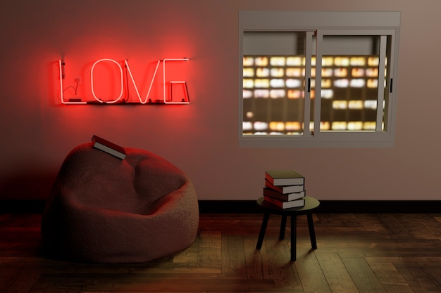 빈 주머니가있는 독서 코너와 책이있는 작은 테이블, 그리고 방을 비추는 사랑이라는 단어가 적힌 붉은 네온 사인과 밤에는 도시가 내려다 보이는 창문이 있습니다. 3d 렌더링