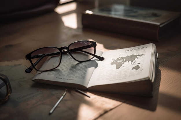 Foto gli occhiali da lettura giacciono sulla guida turistica aperta