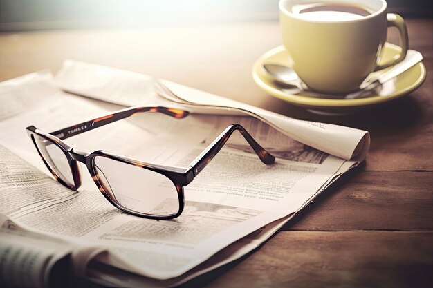 Reading glasses a coffee cup and newspapers concentrated reading glasses in a toned image