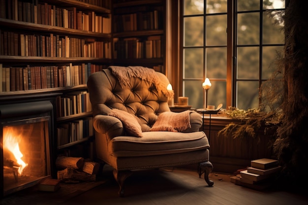 Photo reading nook with a comfortable armchair and a stack of books generative ai